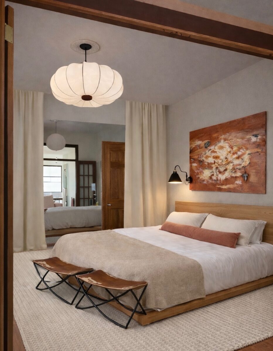 Warm bedroom with platform bed, lantern pendant, and abstract art
